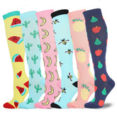6 Pairs Knee-High Compression Socks Fruits Bee Cactus Pattern Sports Stockings