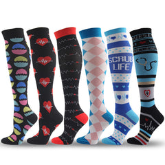 6 Pairs Knee-High Compression Socks Medical Pattern Sports Stockings