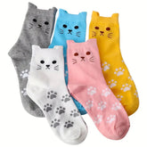 5 Pairs of Women's Cute Cat Paw Print Mid-Calf Socks Spring/Summer Cartoon 3D Ears Cotton Casual Versatile Socks