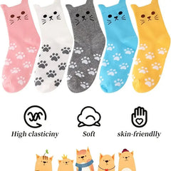 5 Pairs of Women's Cute Cat Paw Print Mid-Calf Socks Spring/Summer Cartoon 3D Ears Cotton Casual Versatile Socks