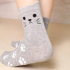 5 Pairs of Women's Cute Cat Paw Print Mid-Calf Socks Spring/Summer Cartoon 3D Ears Cotton Casual Versatile Socks
