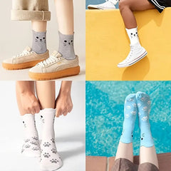5 Pairs of Women's Cute Cat Paw Print Mid-Calf Socks Spring/Summer Cartoon 3D Ears Cotton Casual Versatile Socks