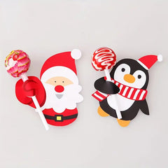 50pcs Christmas Lollipop Holder Paper Card DIY Santa Snowman Penguin Candy Wrap Bag Party Supplies