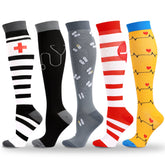 5 Pairs Knee-High Compression Socks Medical Red Cross Pattern Sports Stockings