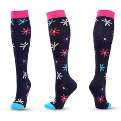 Knee-High Compression Socks Flower Pattern Black Sports Nylon Stockings