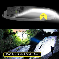 Rechargeable LED Headlamp 230° Wide Beam Headlight Motion Sensor