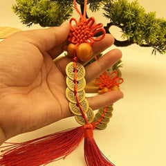 Wooden Gourd Pure Copper Five Emperor Coins Hanging Ornament Chinese Knot Tassel