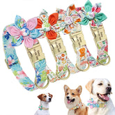 Personalized Floral Dog Collar with Custom Engraved Tag – Soft Adjustable Nylon Collar for Dogs & Cats, Optional Matching Leash