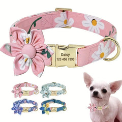 Personalized Floral Dog Collar with Custom Engraved Tag – Soft Adjustable Nylon Collar for Dogs & Cats, Optional Matching Leash