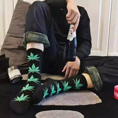 Weed Leaf Printed Cotton Crew Boot Scoks Maple Leaf Athletic Hiking Socks