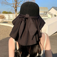Bow Tie Shawl Sun Hat Hollow Design Stylish Breathable Sunshade Hat