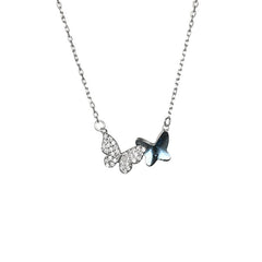 925 Sterling Silver Double Butterfly Blue Crystal Charm Pendant Necklace