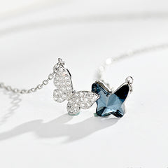 925 Sterling Silver Double Butterfly Blue Crystal Charm Pendant Necklace
