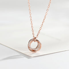 925 Sterling Silver Rhinestone 3-Ring Forever Love Charm Pendant Necklace