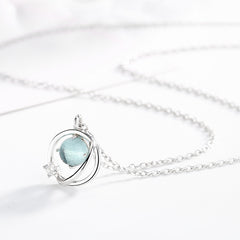 Rhinestone Blue Crystal Aurora Planet Pendant S925 Sterling Silver Chain Necklace