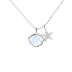 925 Sterling Silver Seashell Starfish White Cubic Zirconia Pendant Necklace