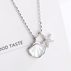 925 Sterling Silver Seashell Starfish White Cubic Zirconia Pendant Necklace