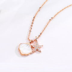 925 Sterling Silver Seashell Starfish White Cubic Zirconia Pendant Necklace