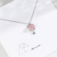 925 Sterling Silver Star Pink Crystal Pendant Chain Necklace