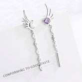 Rhingstone Angel Wings Amethyst Heart S925 Silver Stud Tassel Earrings