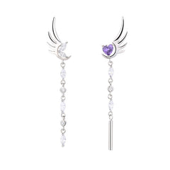 Rhingstone Angel Wings Amethyst Heart S925 Silver Stud Tassel Earrings
