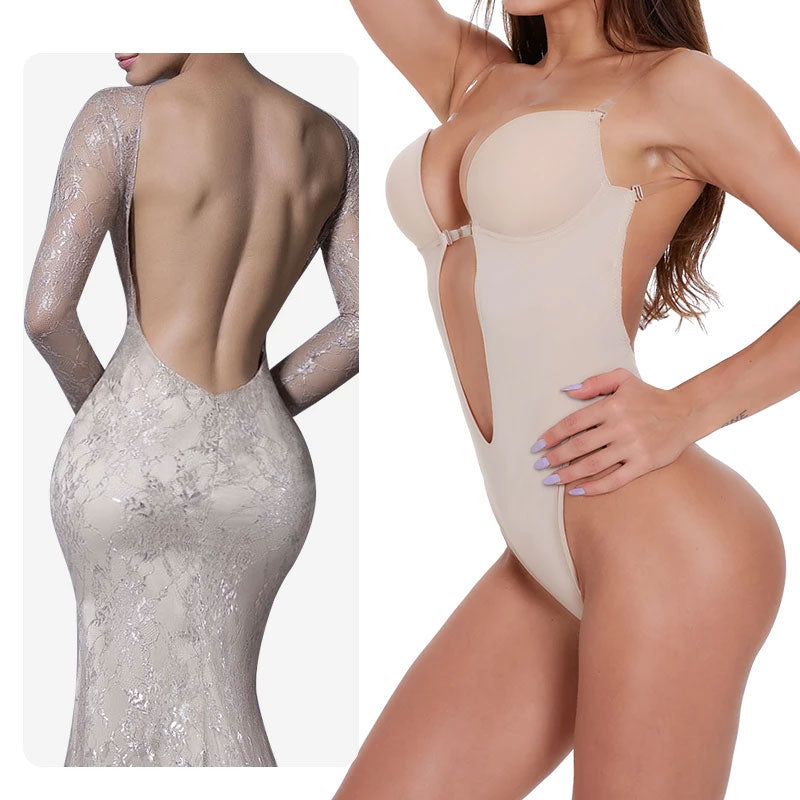 Defitshape Women's Backless Body Shapewear Seamless Faja Deep V Neck  Bodysuit U Plunge Bodysuit Bridal Thong Shaper Open Crotch White 36 fit  36C/36D