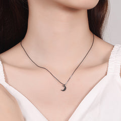 Black Rhinestone Half Moon Pendant S925 Sterling Silver Necklace