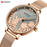 CURREN Stylish Flower Women Quartz Watches Stainless Steel Mesh Band