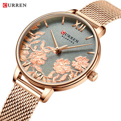 CURREN Stylish Flower Women Quartz Watches Stainless Steel Mesh Band