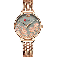 CURREN Stylish Flower Women Quartz Watches Stainless Steel Mesh Band
