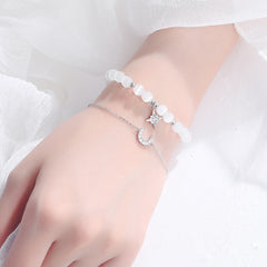 Double Layer Glitter Star Moon 925 Sterling Silver Chain & White Opal Bracelets