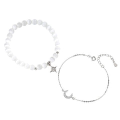 Double Layer Glitter Star Moon 925 Sterling Silver Chain & White Opal Bracelets