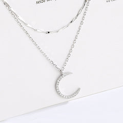 Double Layered Rhinestone Half Moon 925 Sterling Silver Necklace