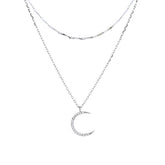 Double Layered Rhinestone Half Moon 925 Sterling Silver Necklace