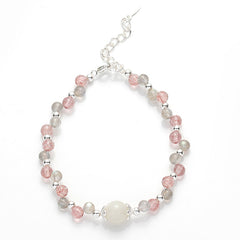 Double Strawberry Crystal and Gray Moonstone Stone Bead Bracelet