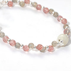 Double Strawberry Crystal and Gray Moonstone Stone Bead Bracelet