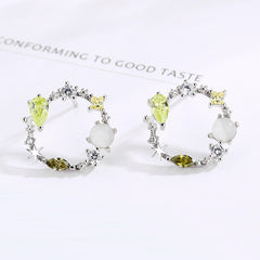 Elegant Green Cubic Zirconia Circle Wreath S925 Silver Stud Earrings