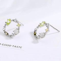Elegant Green Cubic Zirconia Circle Wreath S925 Silver Stud Earrings