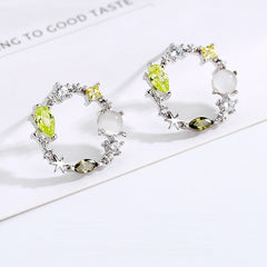 Elegant Green Cubic Zirconia Circle Wreath S925 Silver Stud Earrings