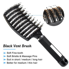 Soft Boar Bristle Hair Brush Curved Vented Detangling Pin Massager Comb
