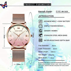 Hannah Martin Stylish 3D Butterfly Women Quartz Watches Stainless Steel Mesh Band