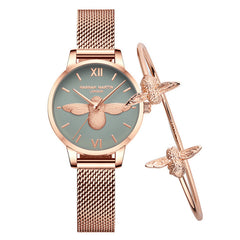Hannah Martin Stylish 3D Bee Women Quartz Watches Stainless Steel Mesh Band