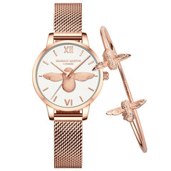 Hannah Martin Stylish 3D Bee Women Quartz Watches Stainless Steel Mesh Band