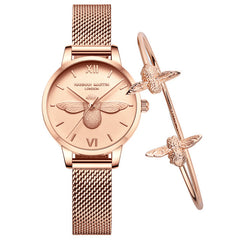 Hannah Martin Stylish 3D Bee Women Quartz Watches Stainless Steel Mesh Band