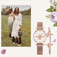 Hannah Martin Stylish 3D Bee Women Quartz Watches Stainless Steel Mesh Band