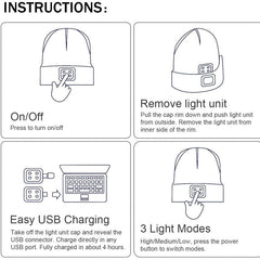 Unisex USB Rechargeable 4 LED Headlamp Cap Winter Knitted Night Lighted Hat