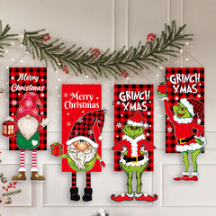 Merry Christmas Window Sign Banners Grinch Hanging Feet Doll Hanging Flag