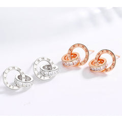 Rhinestone Double Ring 925 Sterling Silver Stud Earrings