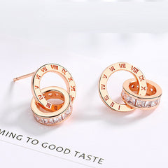 Rhinestone Double Ring 925 Sterling Silver Stud Earrings