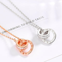 Rhinestone Double Ring Pendant S925 Sterling Silver Chain Necklace